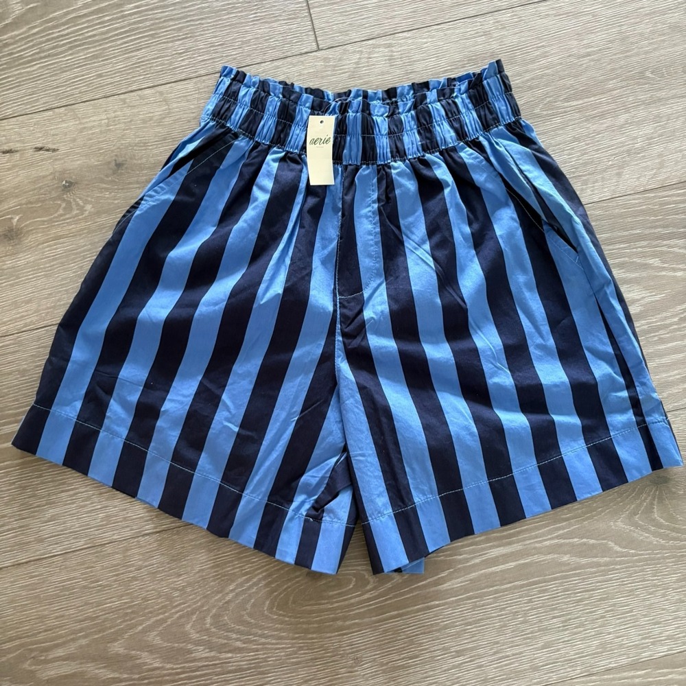 NWT Aerie Womens Blue Navy Striped Pull On Elastic Waistband Shorts Size 2XS